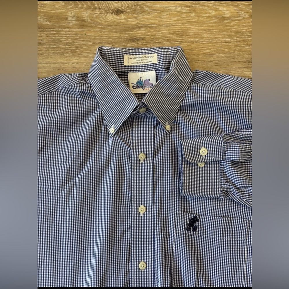 Disneyland Resort Single Needle Cotton MICKEY Dress Shirt Blue Sz L Gingham